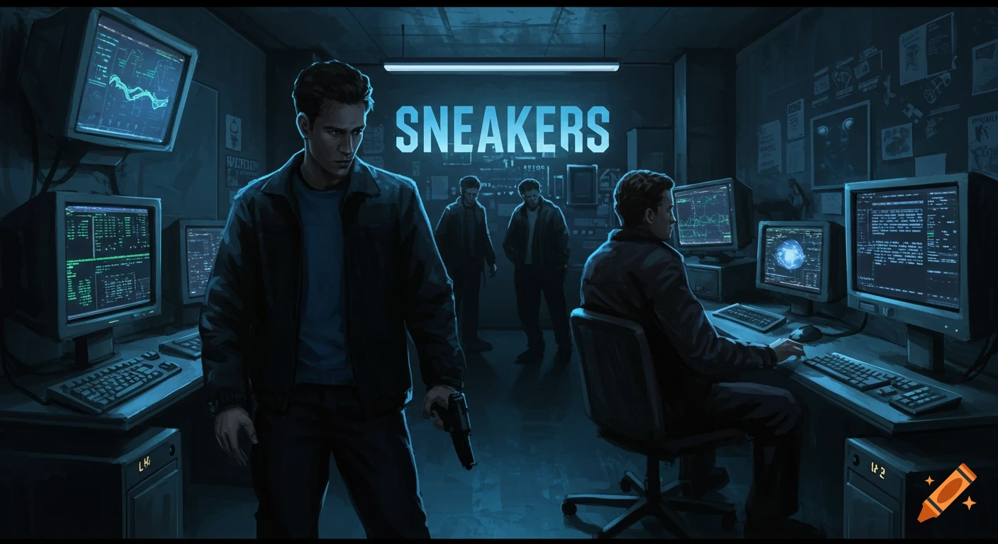 People in a dark, computer-filled room. One holds a gun, others work at terminals. 'SNEAKERS' sign. Dark blue aesthetic, game art style.