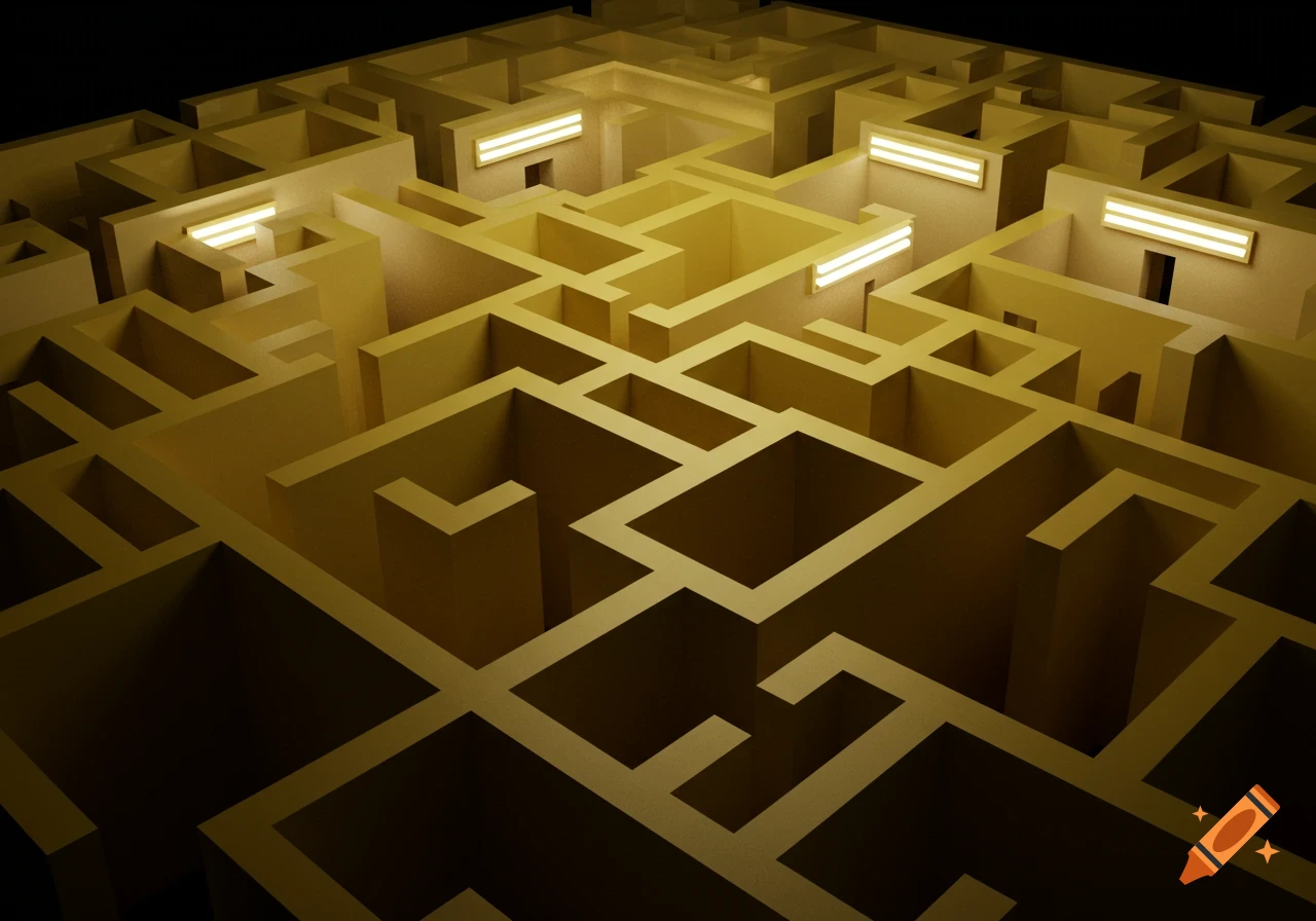 Overhead view of a golden 3D maze with lighted corridors.