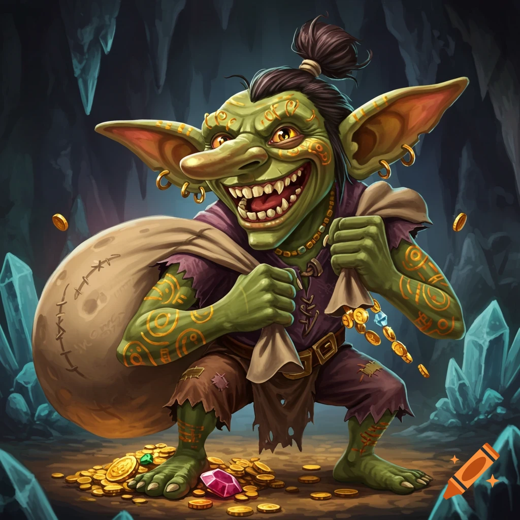 A greedy green goblin with large ears and a long nose grins, clutching bags overflowing with gold coins in a dark cave filled with treasure.