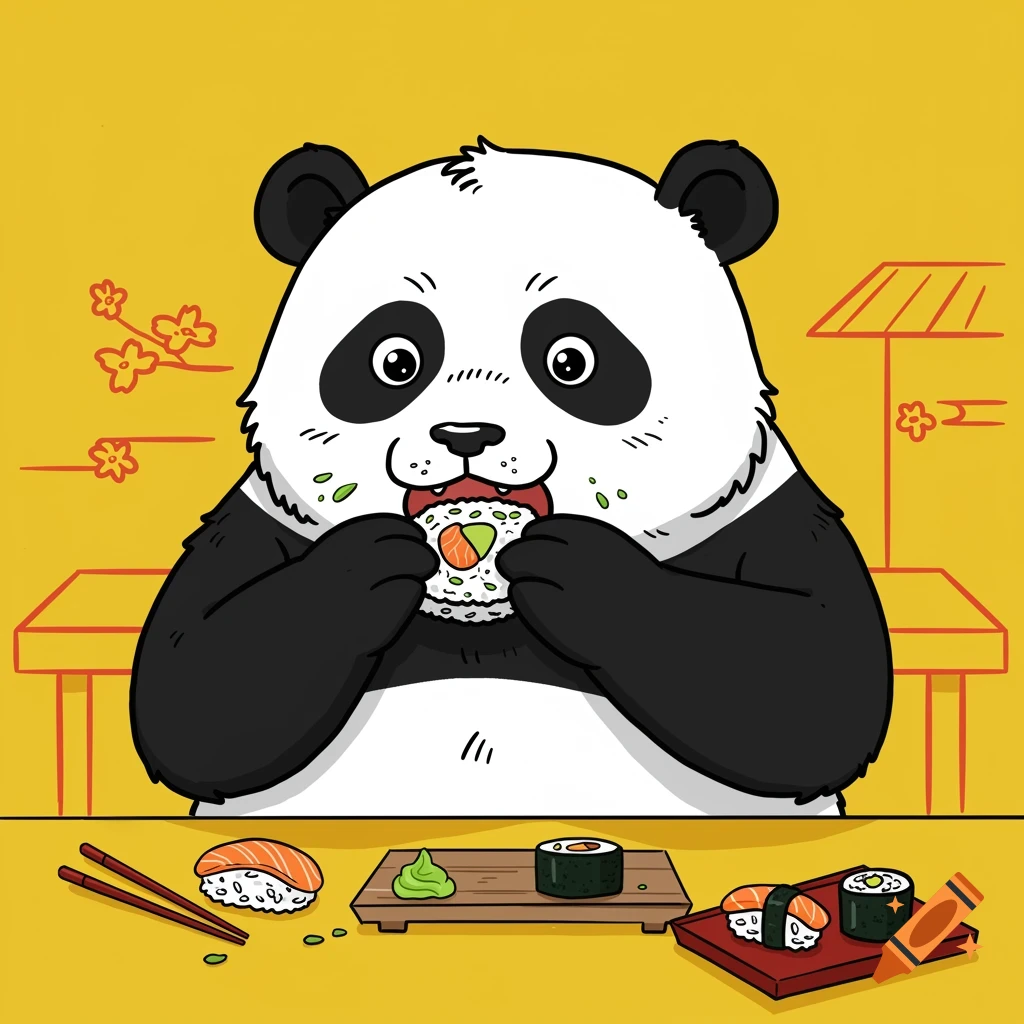 A minimalist cartoon illustration of a panda eating a large sushi roll, with other sushi and chopsticks on a table.