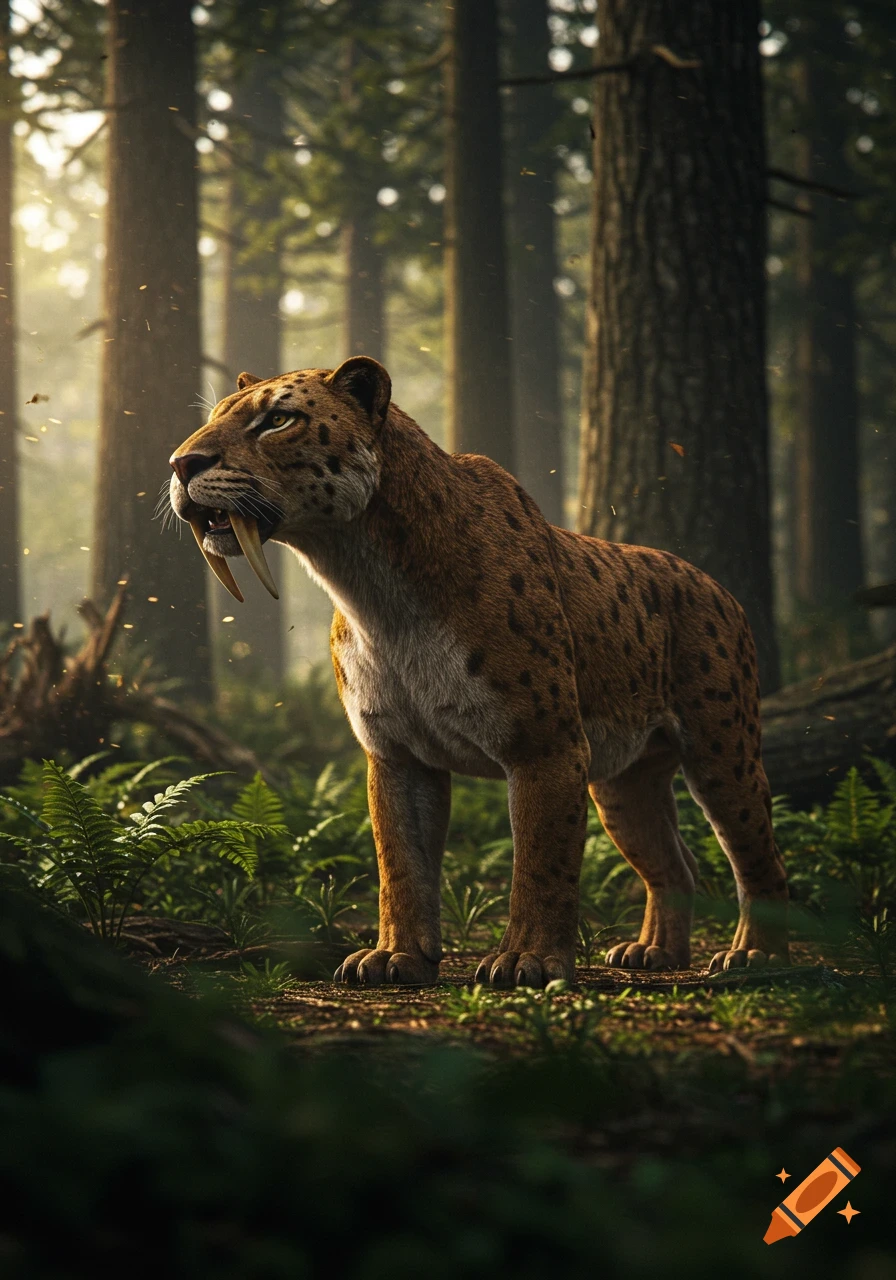 A saber-toothed cat stands in a sun-dappled forest.