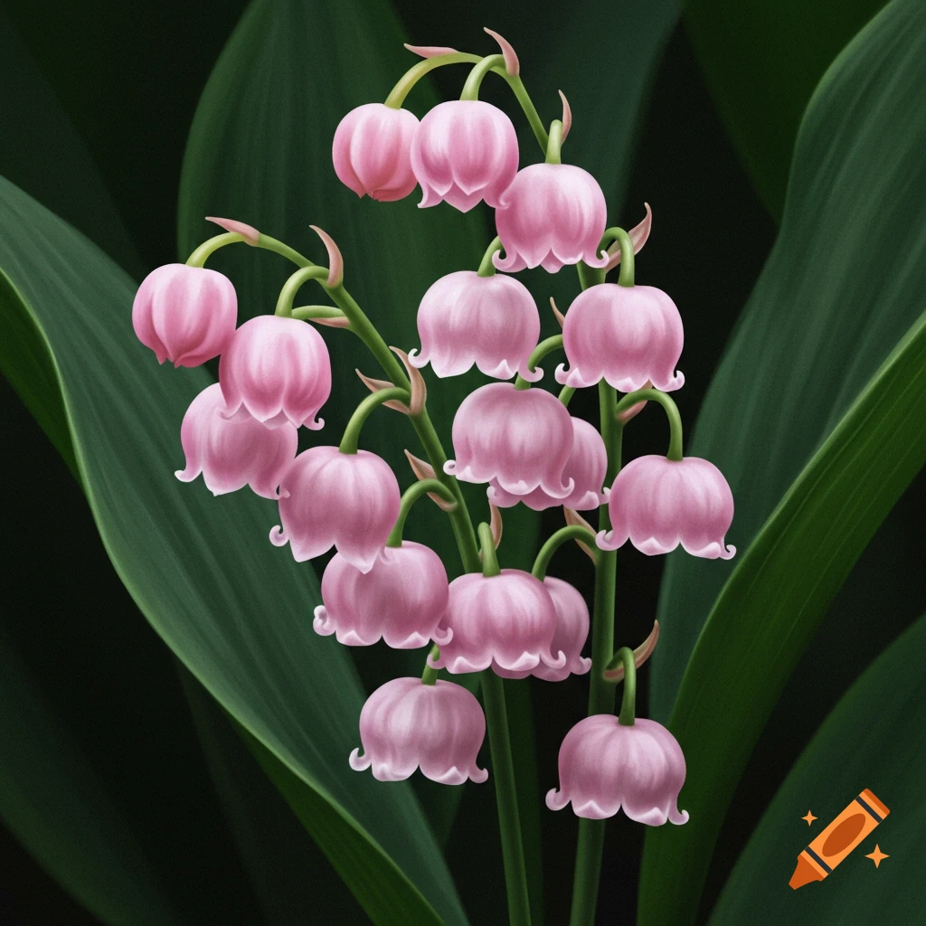 Digital painting of pink lily of the valley flowers against dark green leaves.