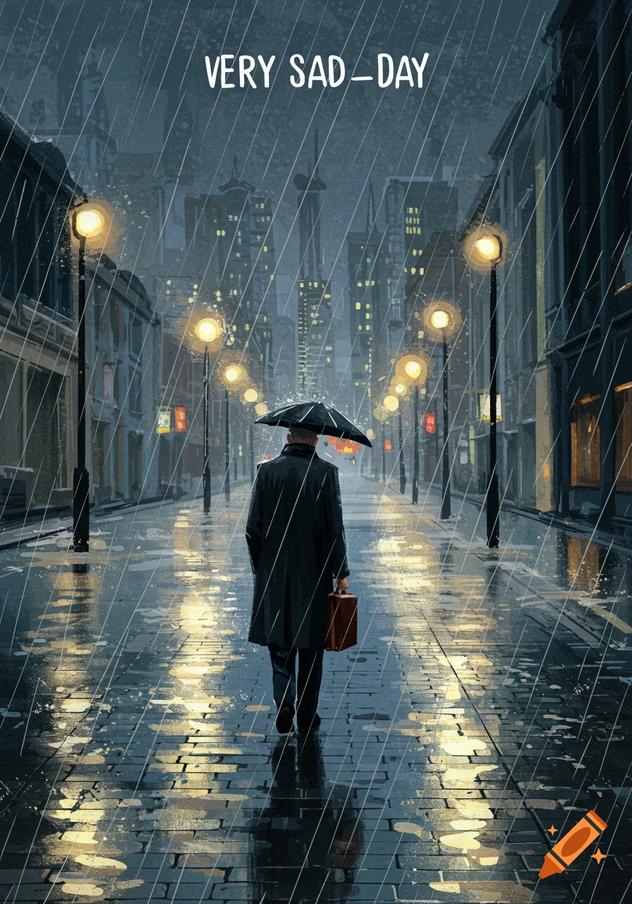 Illustration of a person with an umbrella walking down a rainy city street at night.