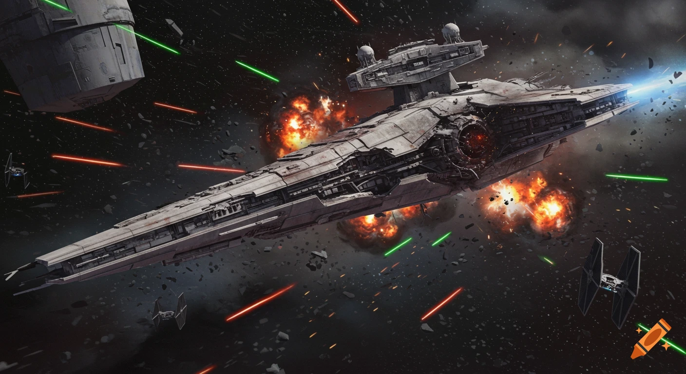 Large damaged spaceship battles TIE fighters in space with explosions and laser fire