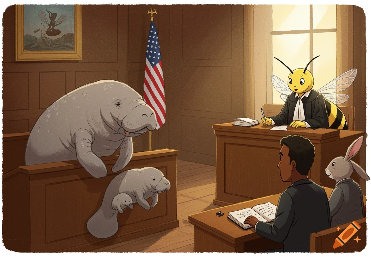 Cartoon illustration of a manatee family, man, and rabbit in a courtroom presided over by a bee judge.