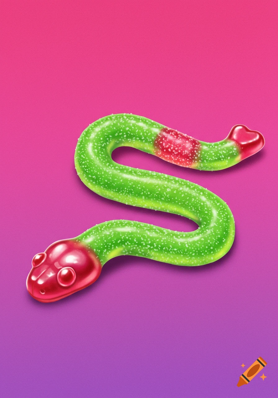 A green and red gummy candy snake on a pink and purple gradient background.
