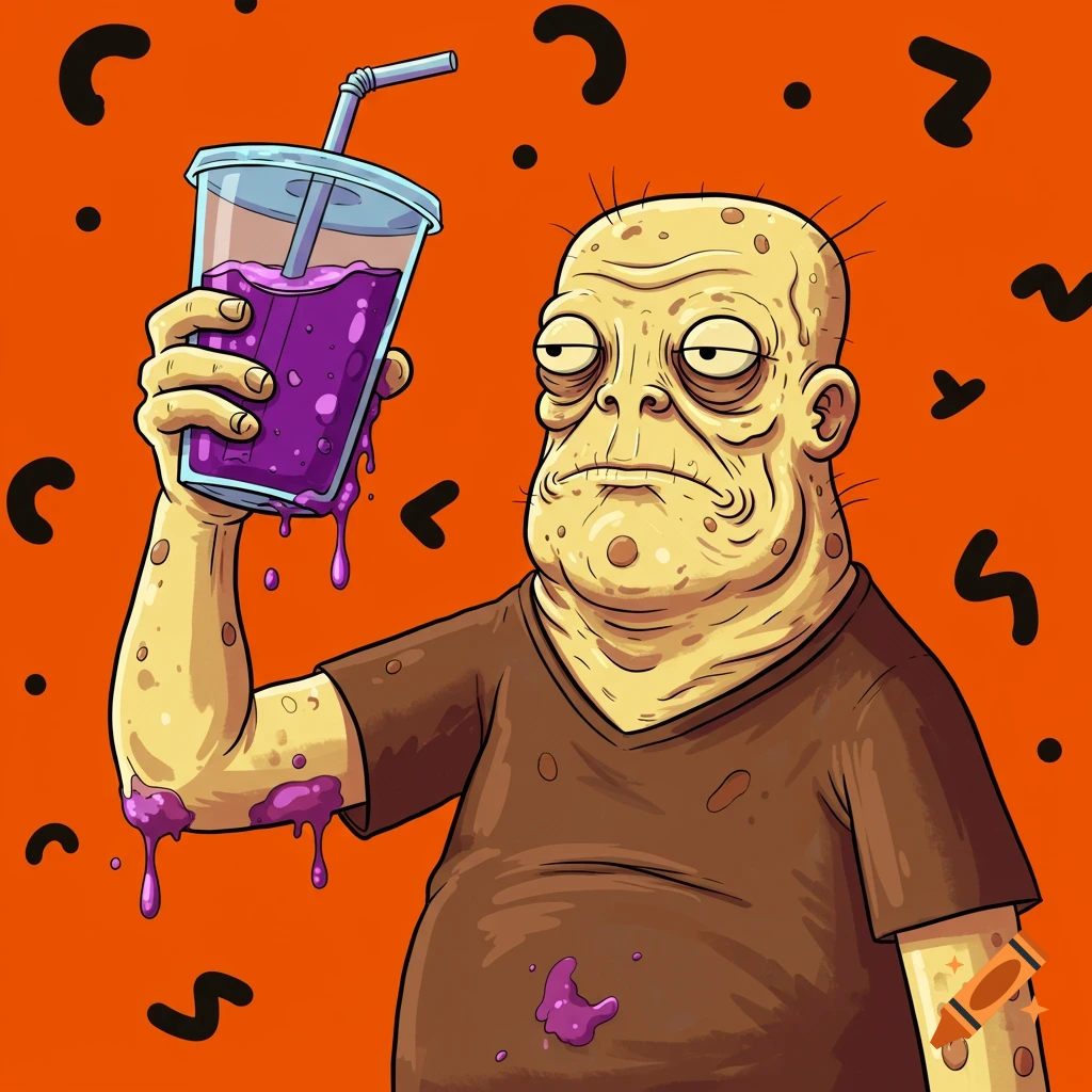 Grotesque cartoon character holds purple drink on orange background with shapes.