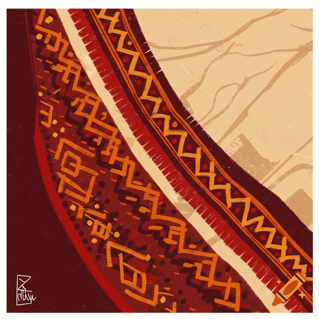 Abstract art of traditional Somali fabric with intricate patterns in red, orange, and brown.
