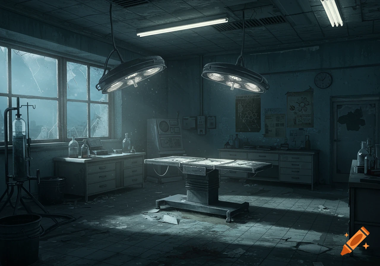 Abandoned medical lab interior with broken windows, surgical table, and equipment.