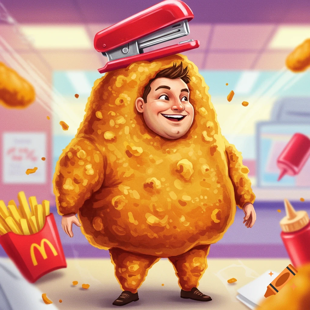 Man in chicken nugget costume with a red stapler on his head stands near fries and ketchup.