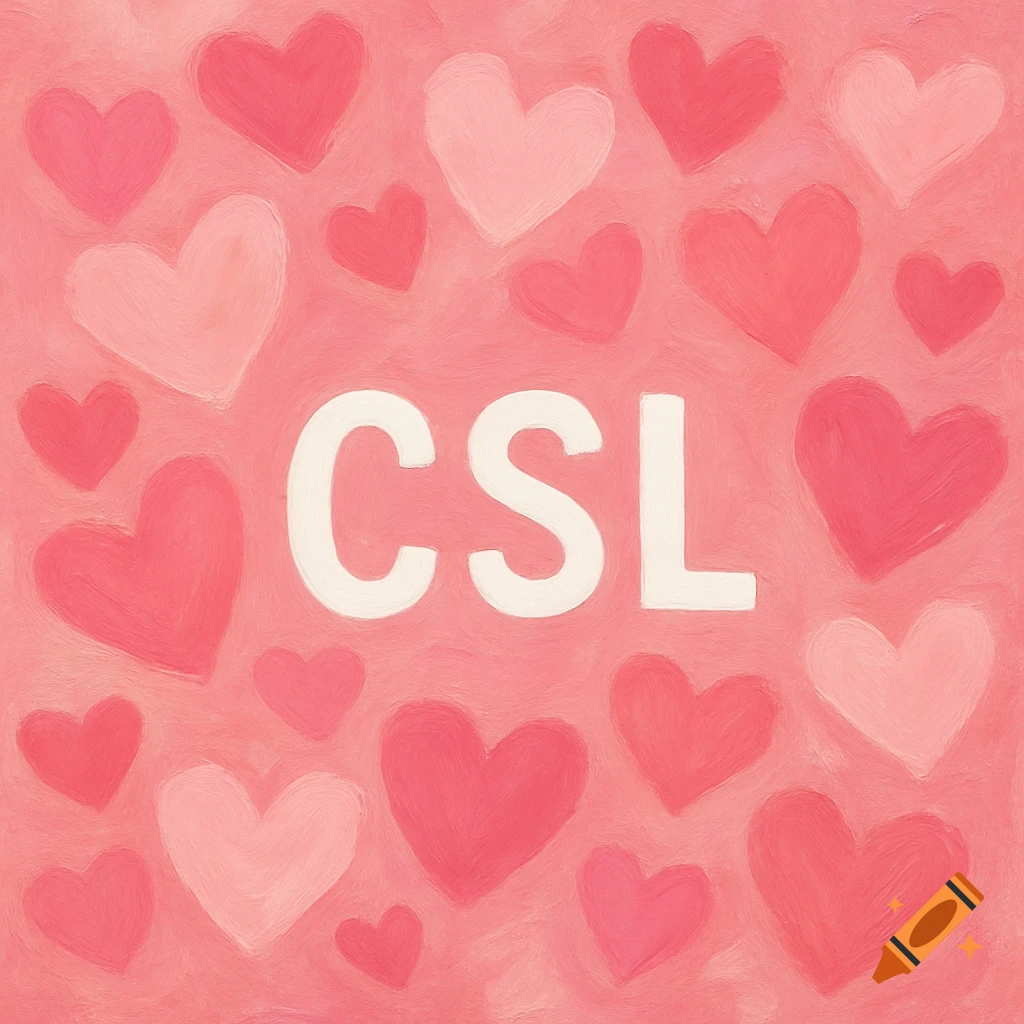 A pink background with scattered light and dark pink hearts and the white letters CSL in the center, in an illustration style.