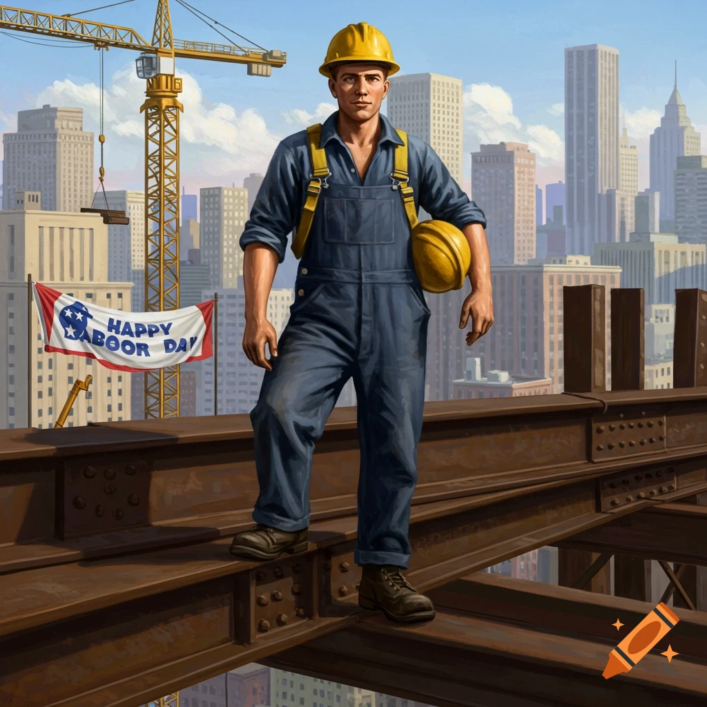 An ironworker in overalls and a hard hat stands on steel beams above a city with a Happy Labor Day banner.