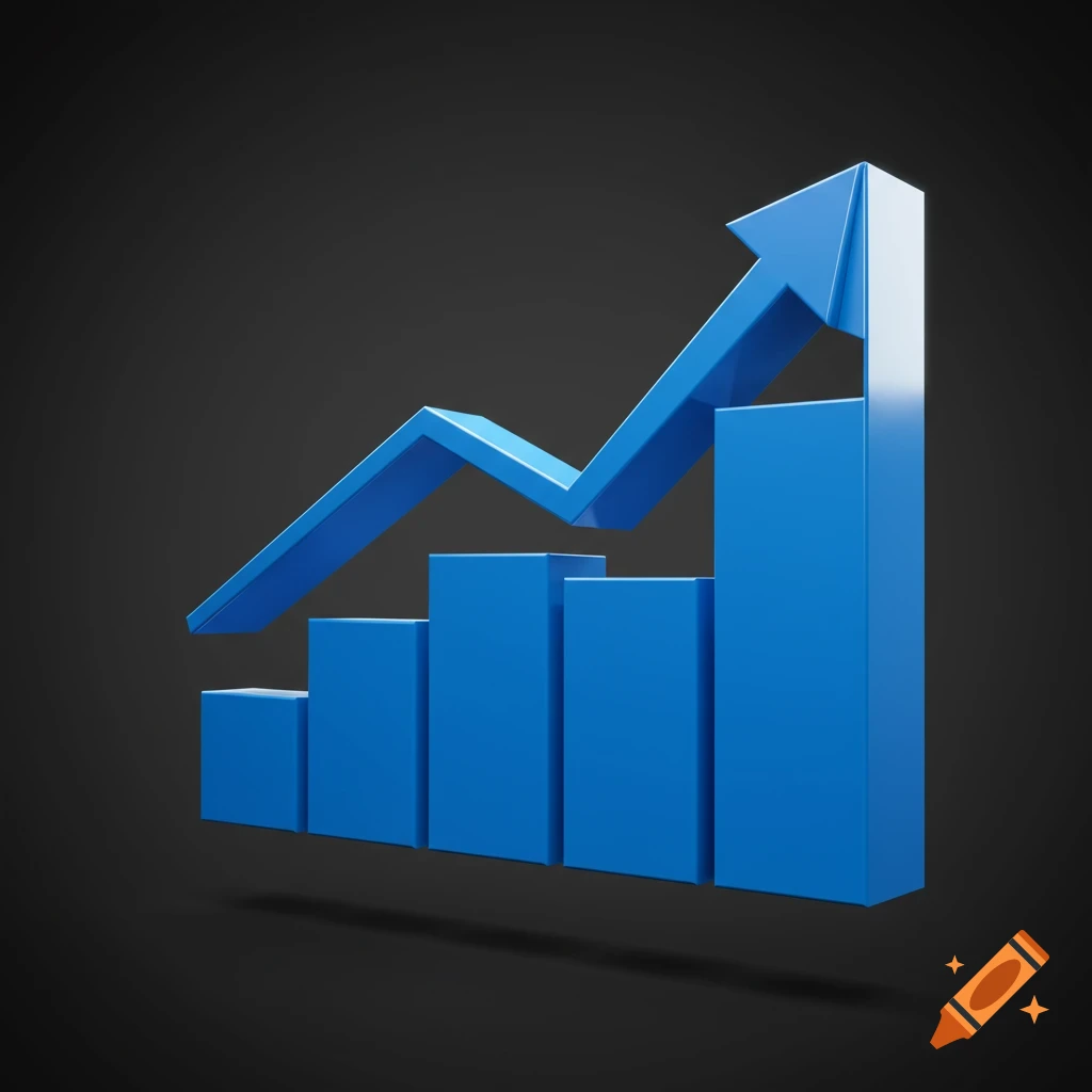 3D blue bar chart with an upward trend line on a dark background