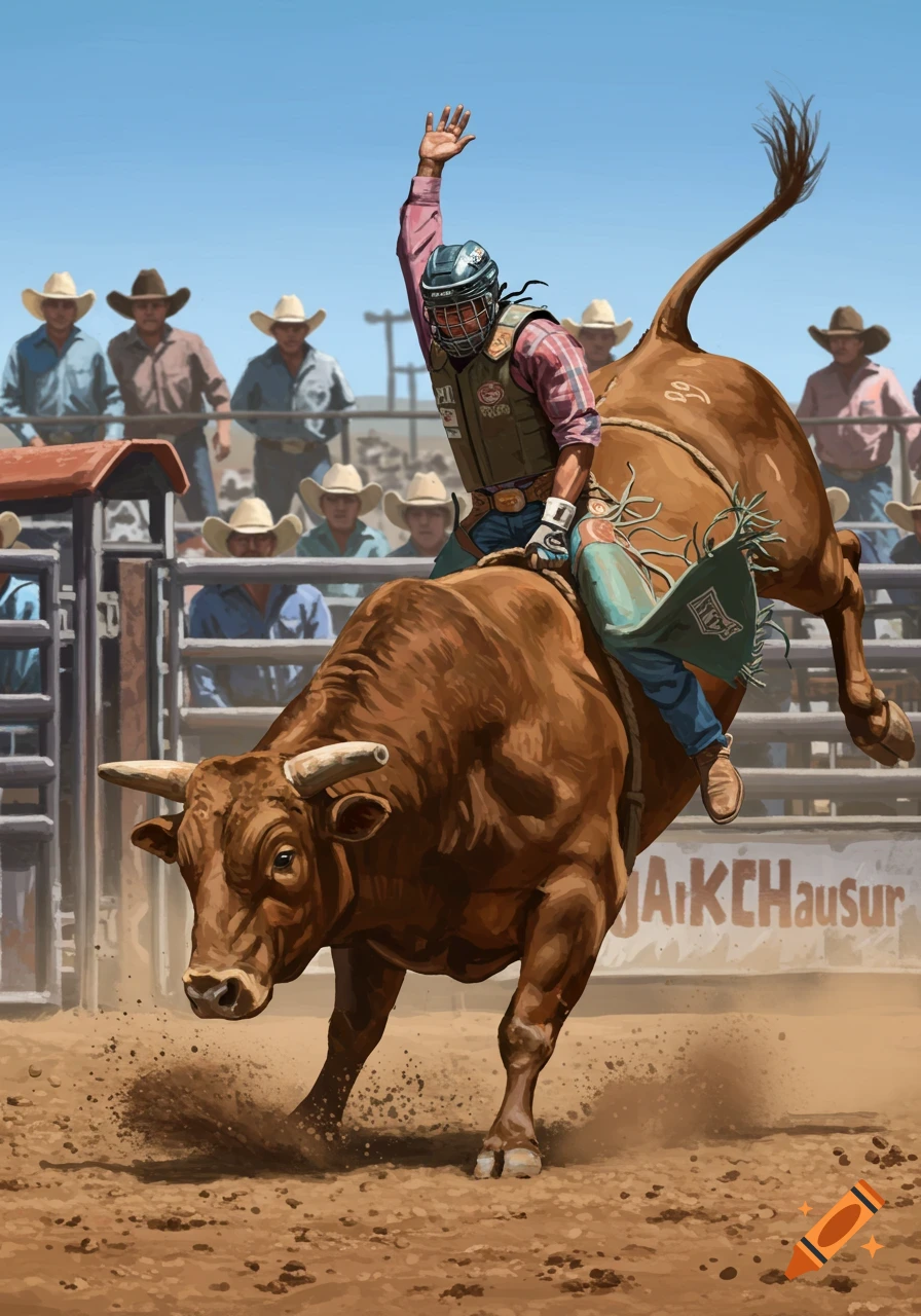 Digital painting of a bull rider clinging to a bucking bull in a rodeo arena.