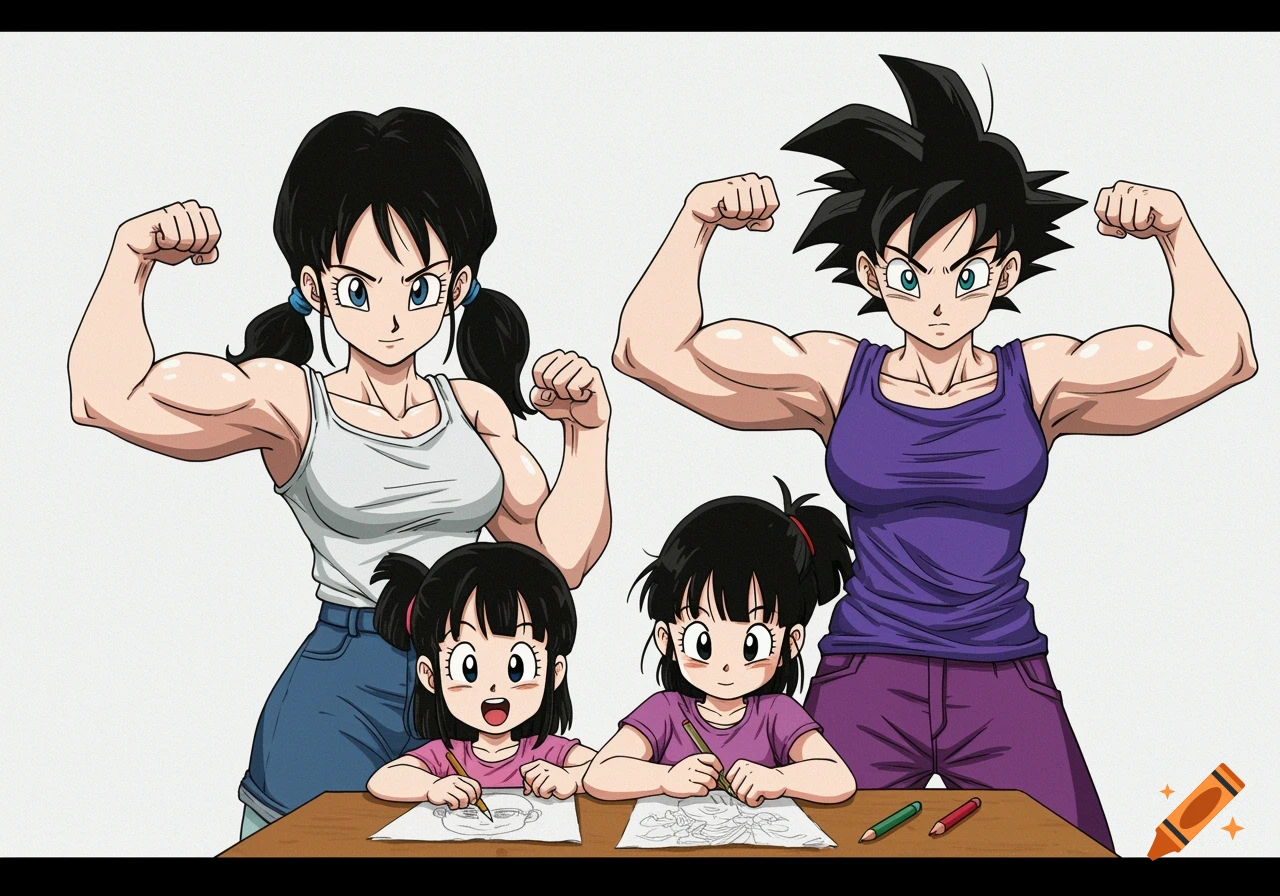 Anime women flexing muscles while children draw at a table