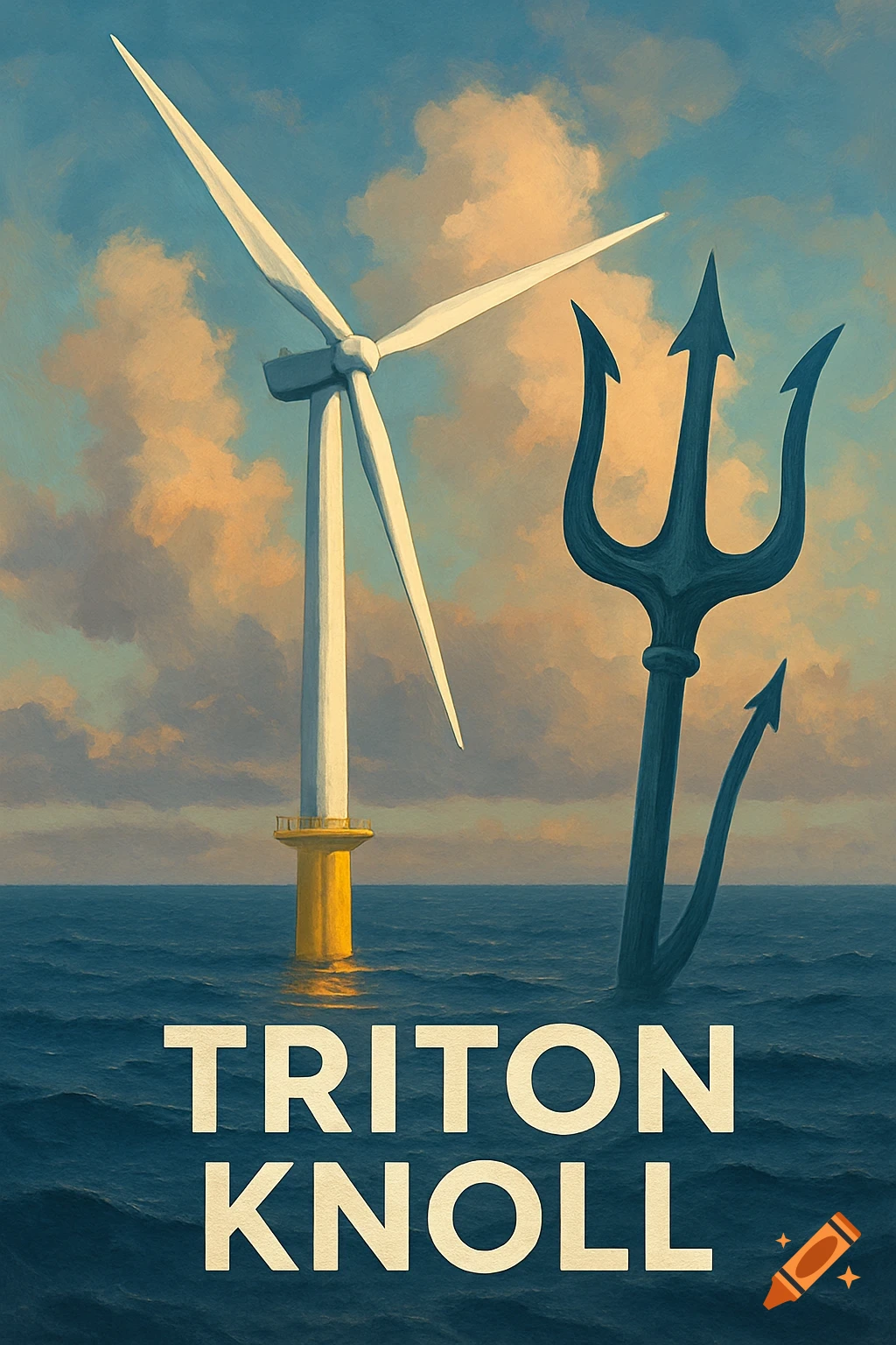 A painted scene of an offshore wind turbine next to a large trident rising from the sea, with the words TRITON KNOLL below.