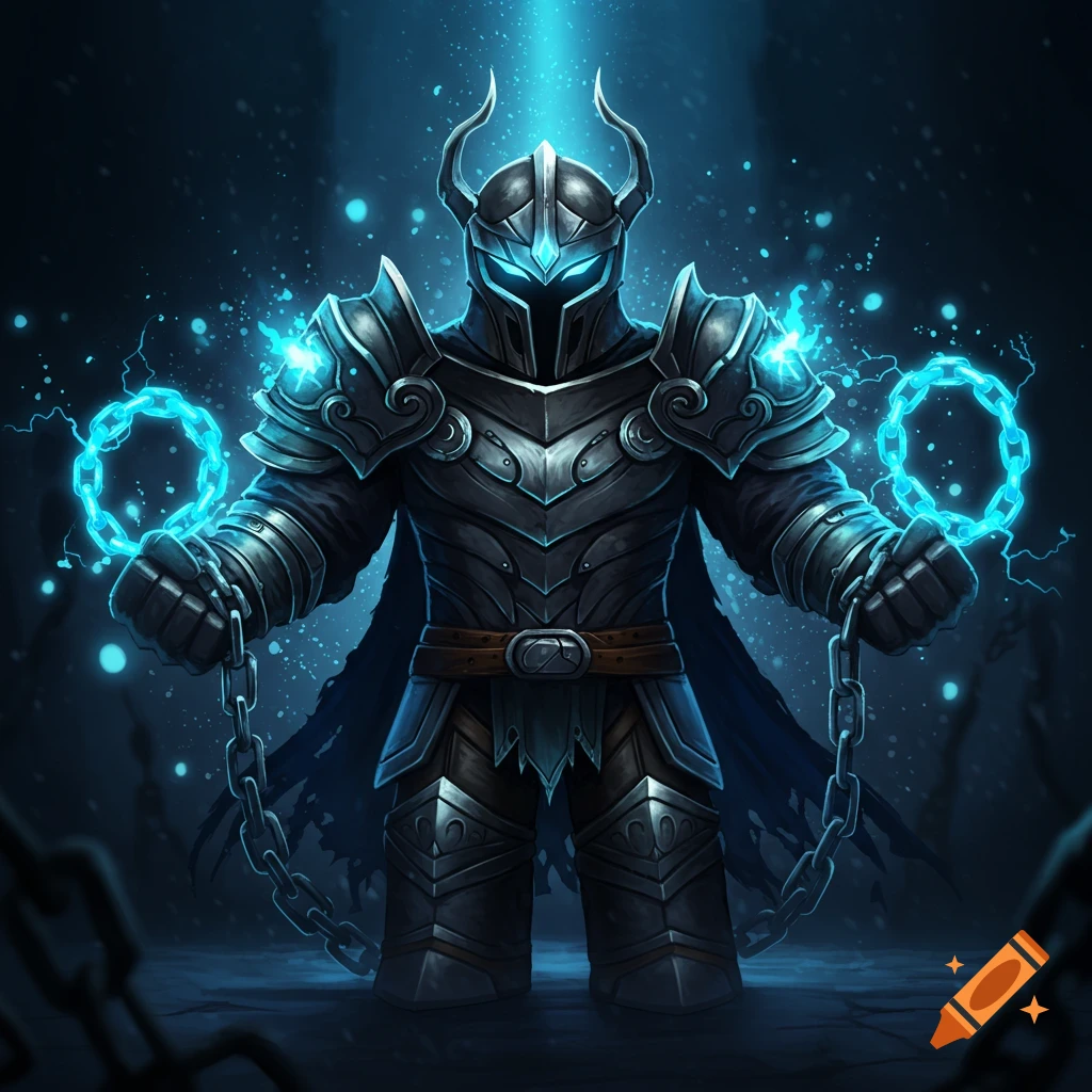 A fantasy knight in dark armor holding glowing blue chains.