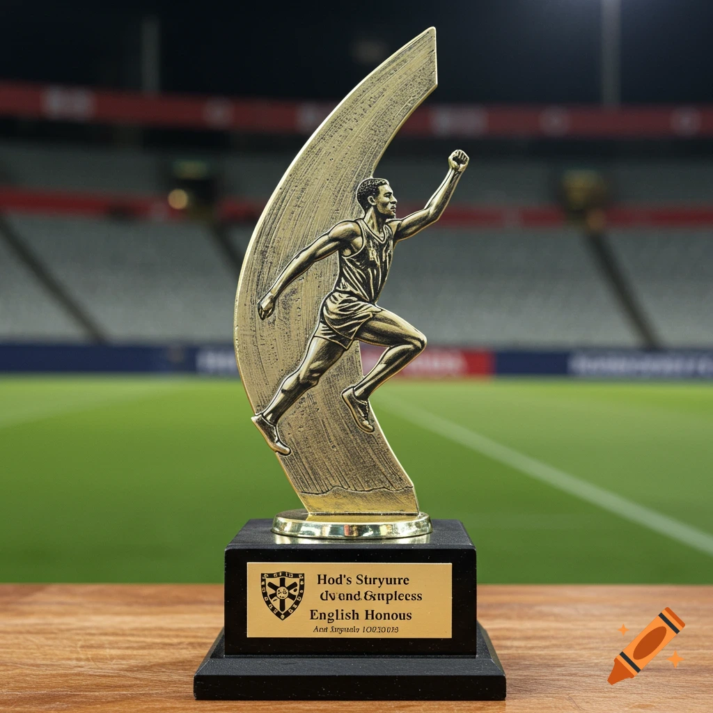A gold trophy of a runner on a base with a plaque, set against a stadium background.
