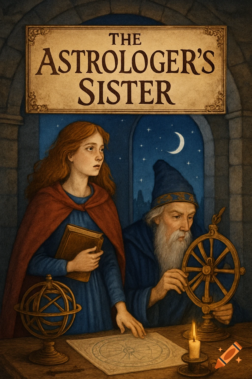 Illustration of a woman and an older man with astrological tools in a room at night, with a sign reading 'The Astrologer's Sister'.