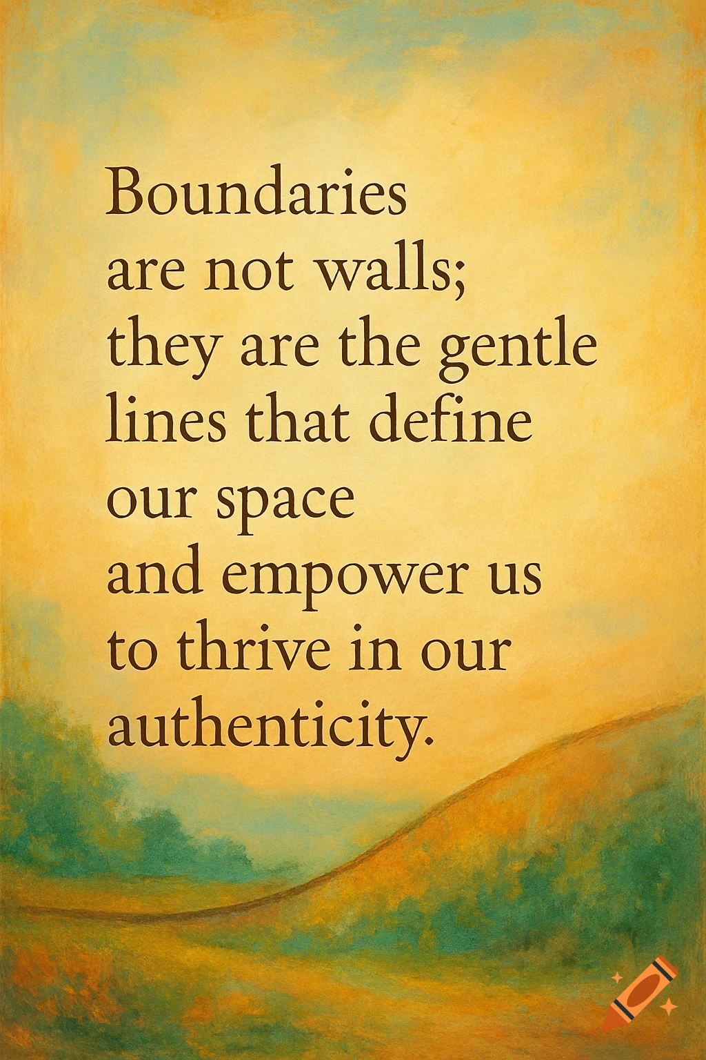 Motivational quote over a textured landscape painting.