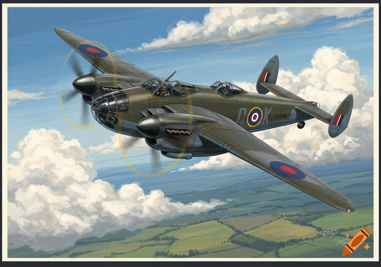 Illustration of a British De Havilland Mosquito aircraft flying over green fields.