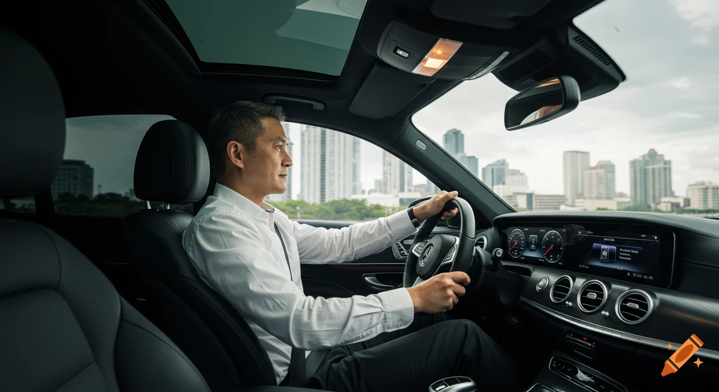 A man in a white shirt drives a Mercedes car, looking ahead with a city skyline visible through the windshield.