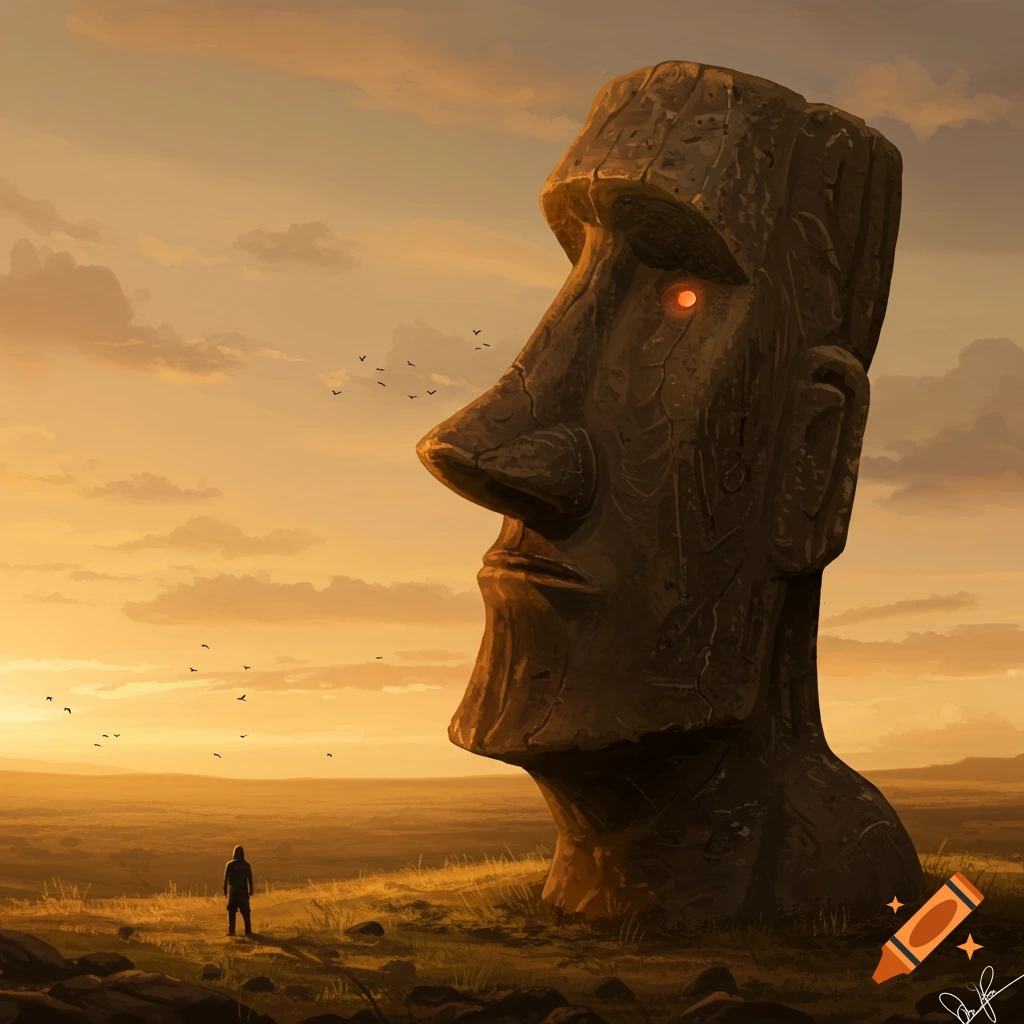 A large Moai statue with glowing red eyes stands in a field at sunset, with a person in the distance. Digital art.