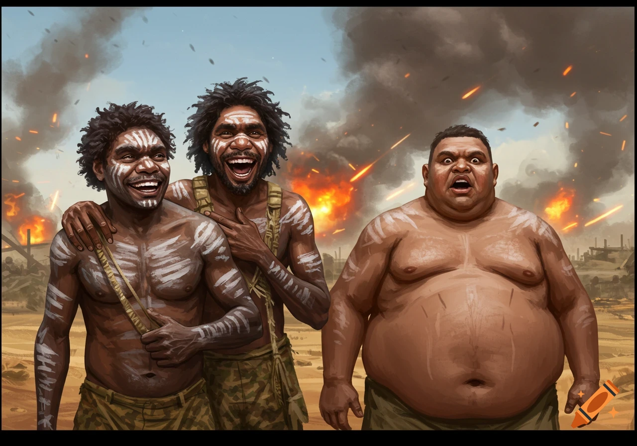 Illustration of three men, two laughing with body paint, one scared, in a warzone with explosions.