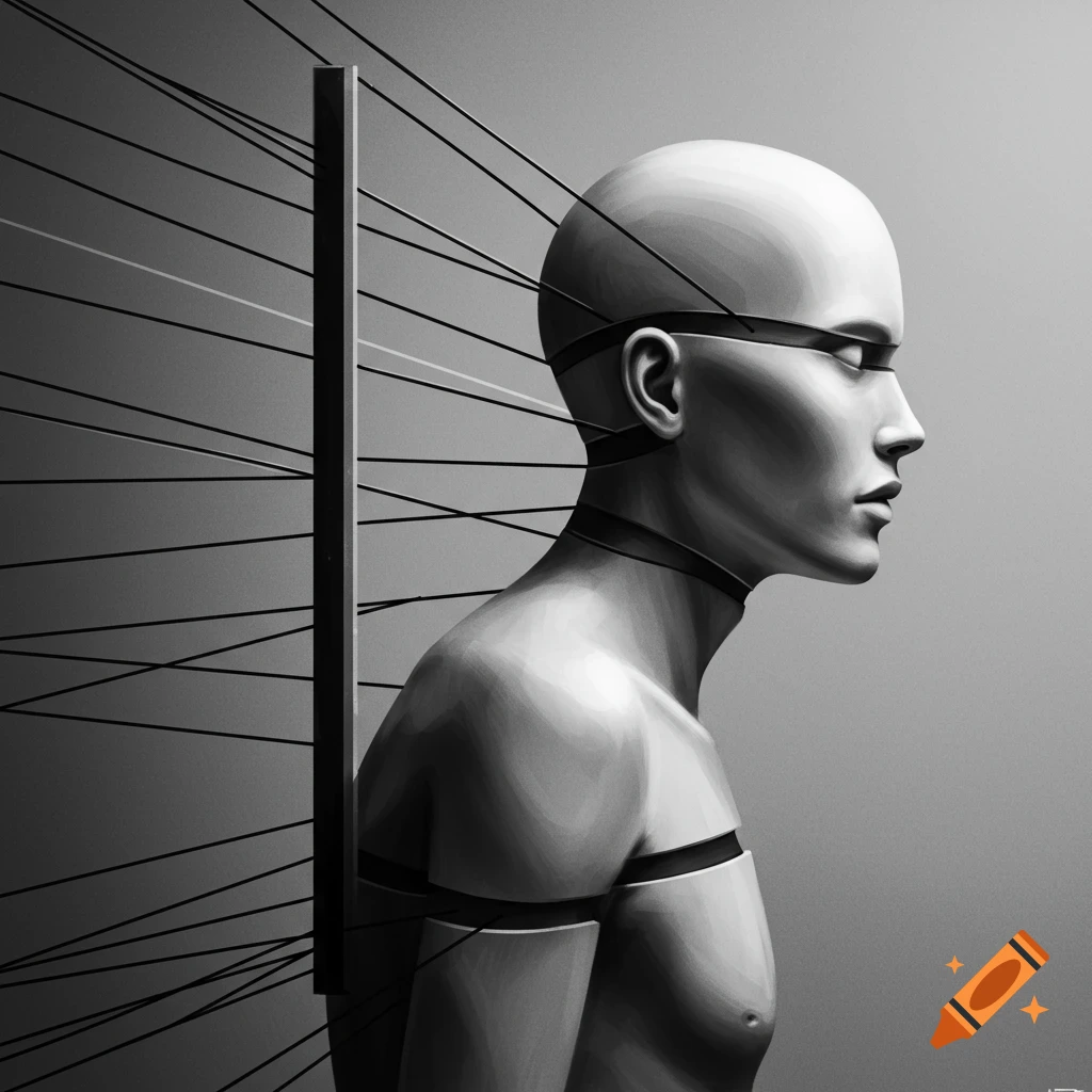 Grayscale conceptual art of a figure connected by strings to a pillar