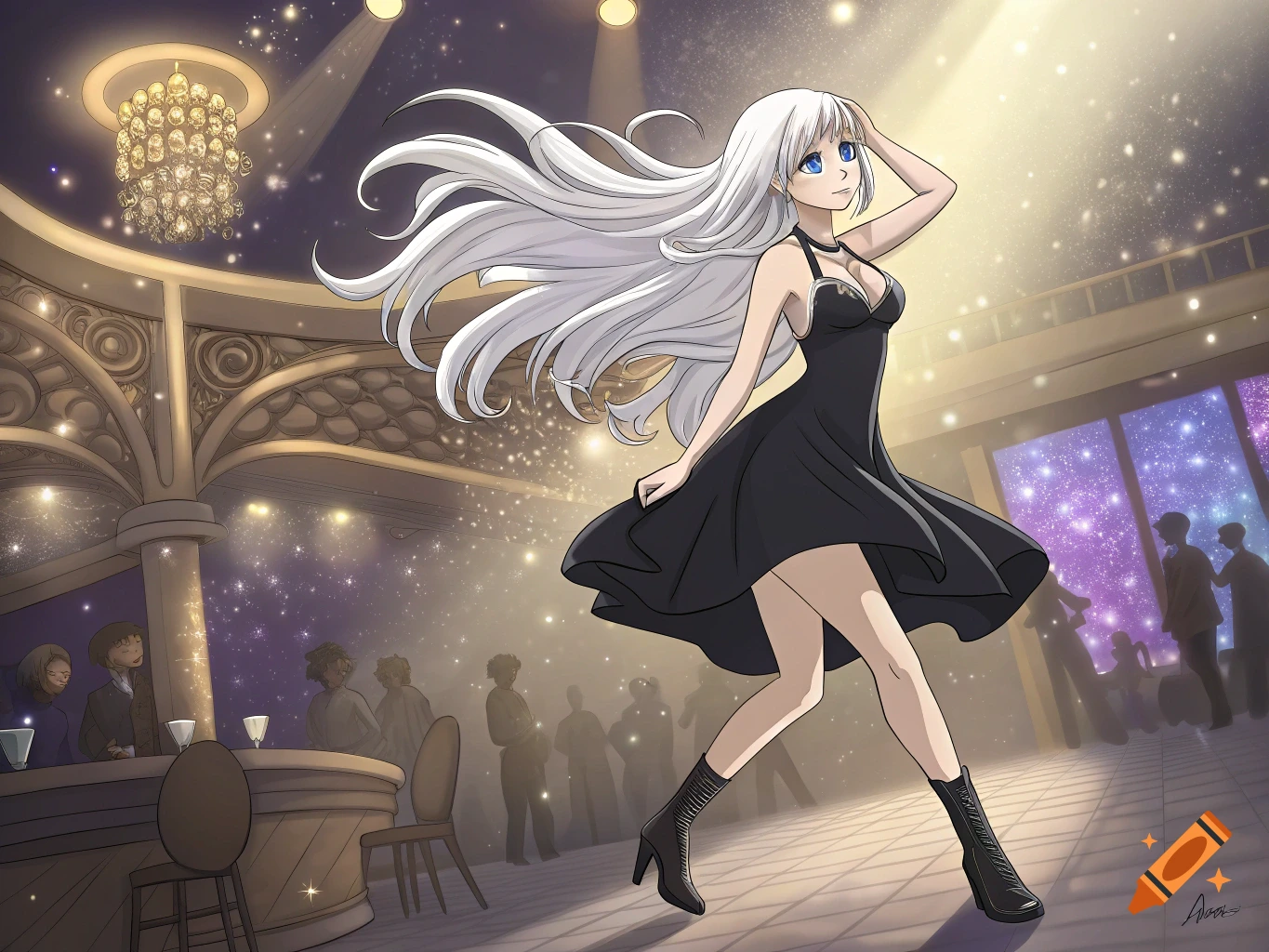 Anime woman with white hair in black dress dances in a golden nightclub.