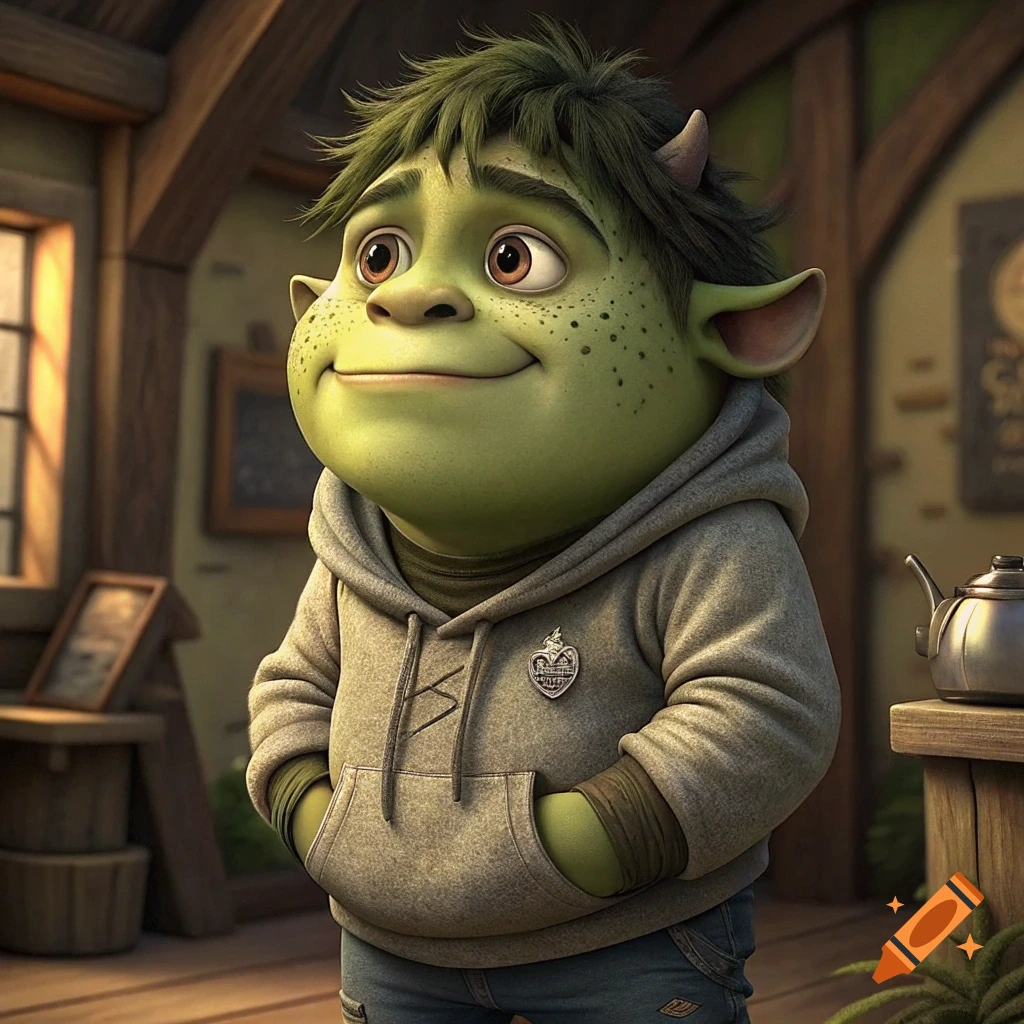 A smiling cartoon ogre teenager in a grey hoodie and jeans stands in a room.