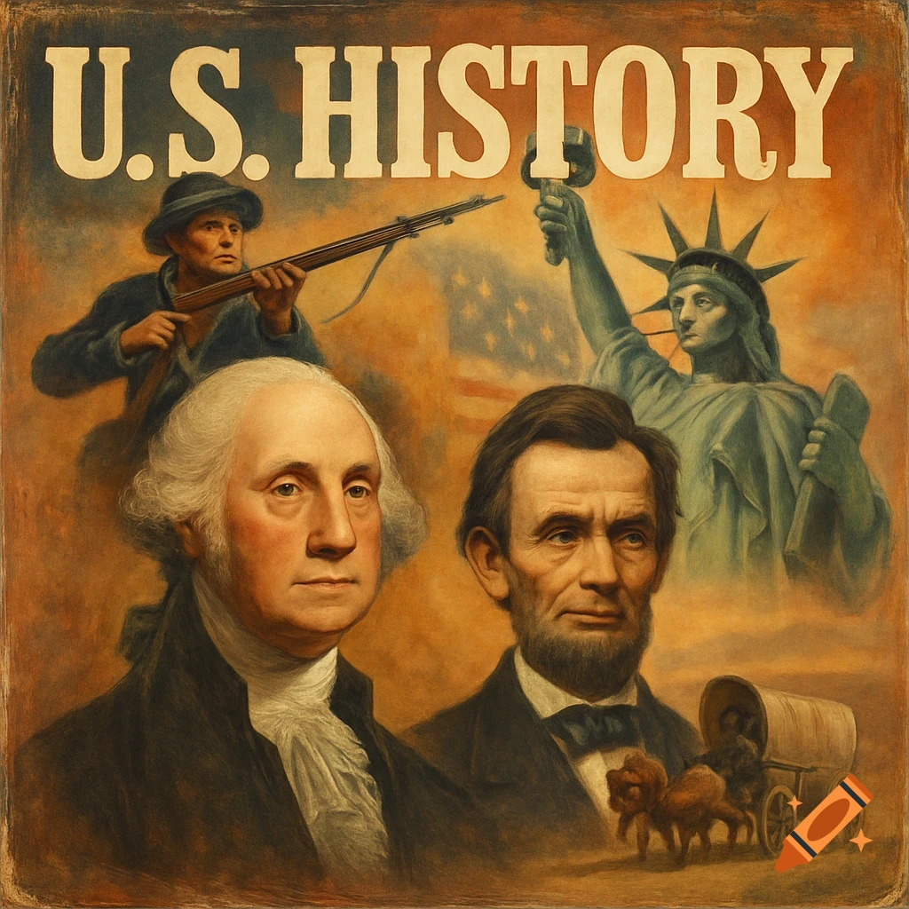U.S. HISTORY text above portraits of Washington and Lincoln, a soldier, and the Statue of Liberty in retro art style.