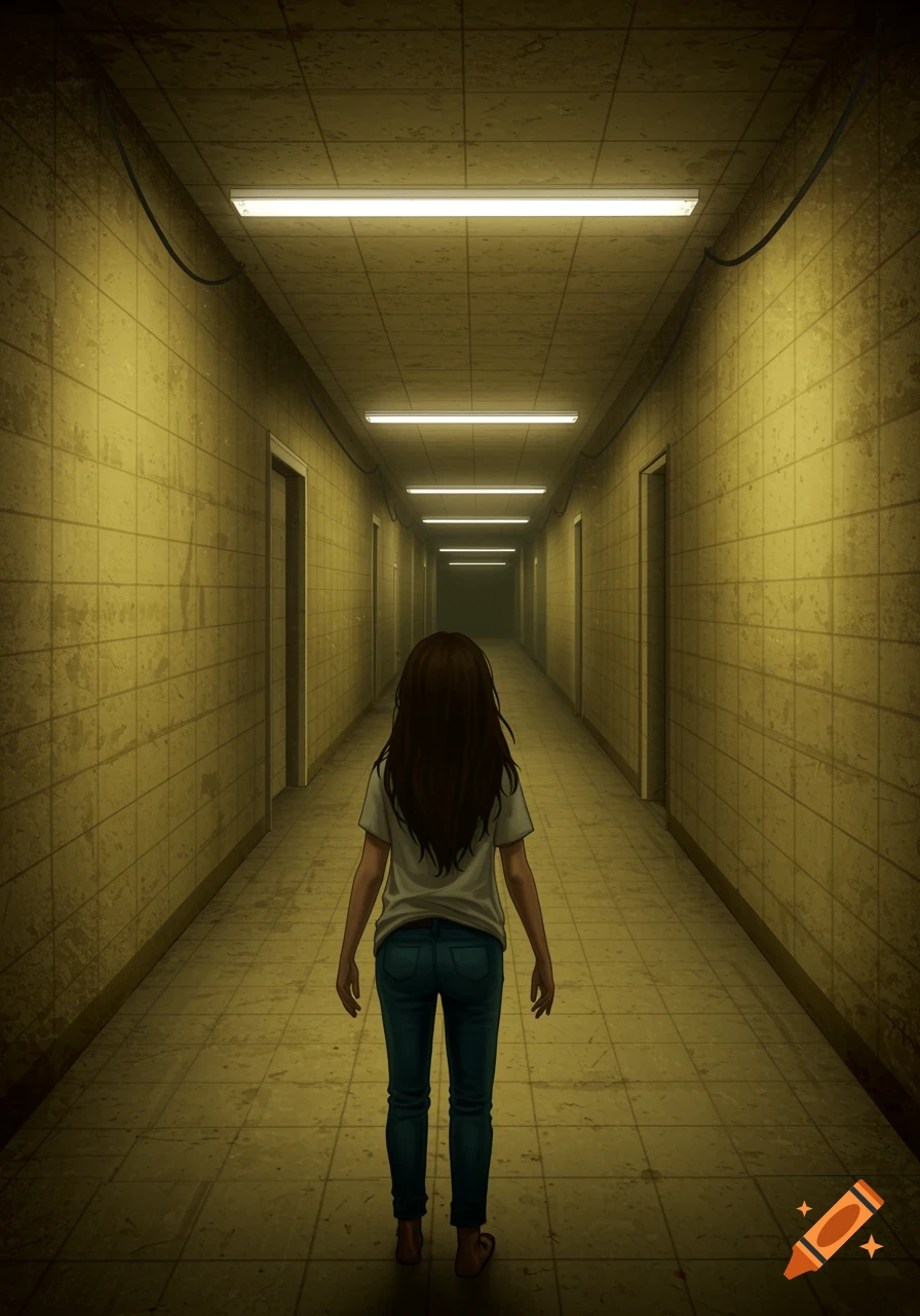A young girl stands in a dimly lit, tiled hallway, facing away from the viewer.