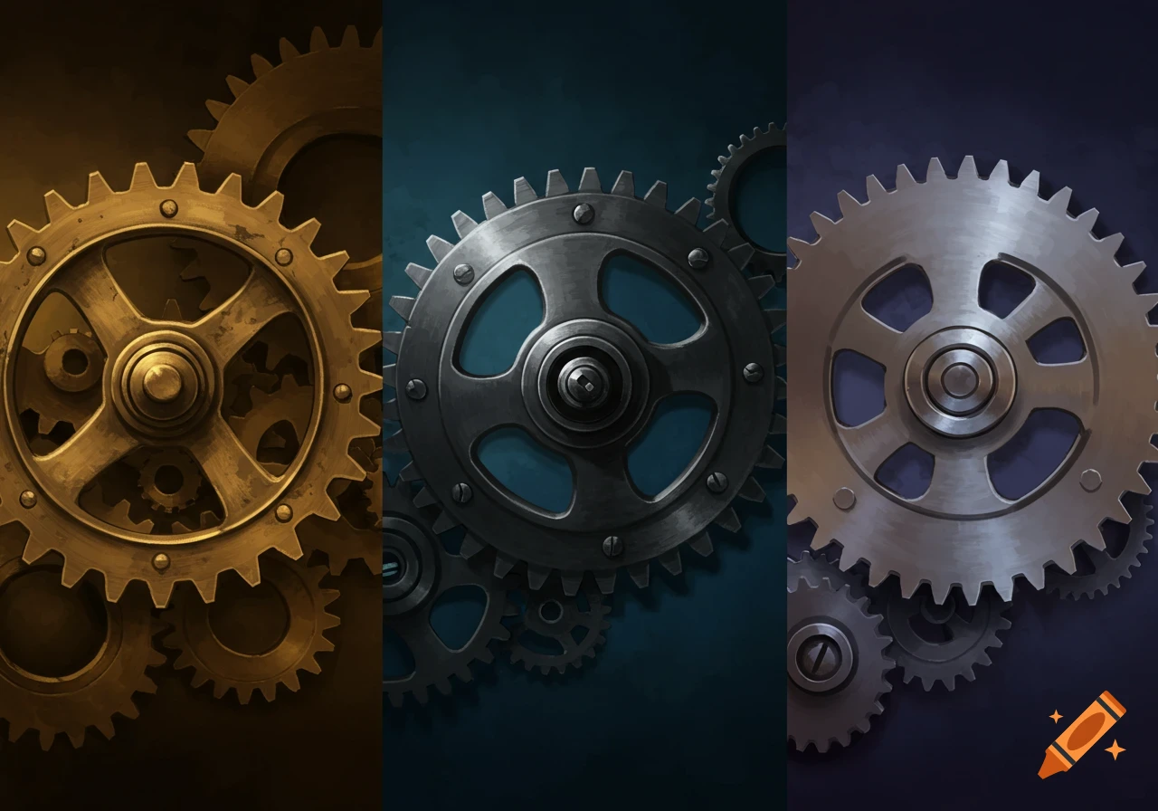 Three gears, brass, steel, and silver, side by side against dark backgrounds.