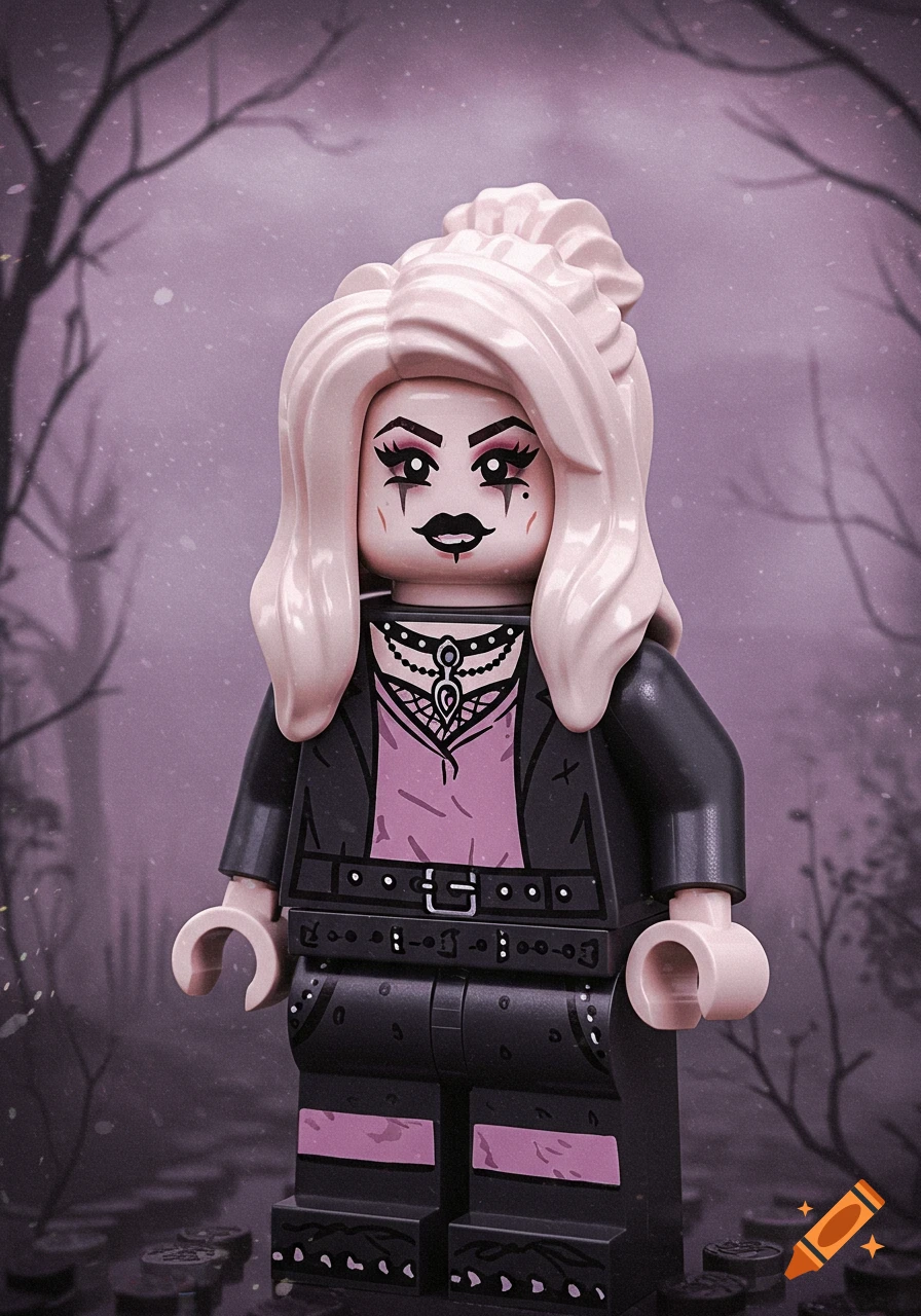 A Lego minifigure in pastel goth style with black and pink clothing and pale hair stands in a spooky setting.