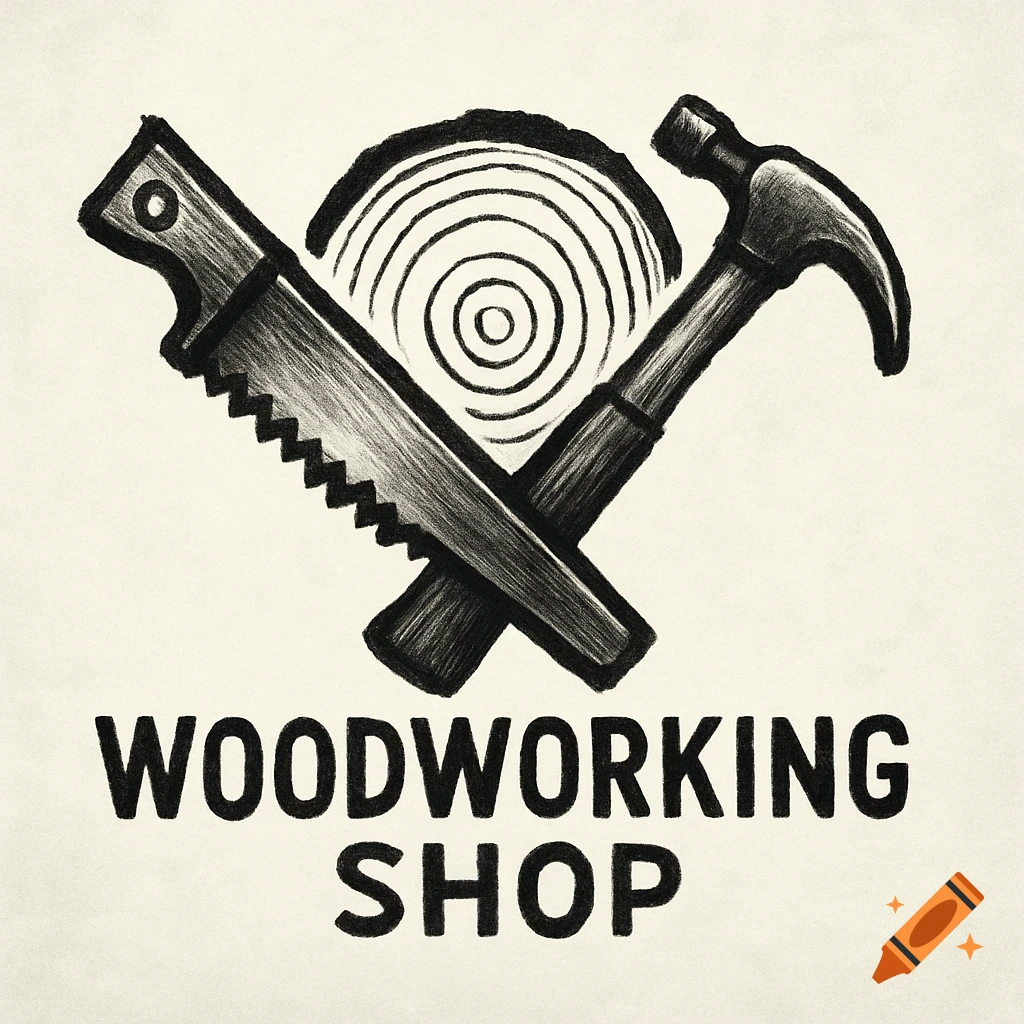 Simplistic black and white logo of a saw and hammer crossed over a wood slice, with 'WOODWORKING SHOP' text.
