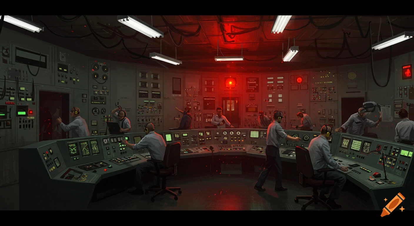 Nuclear plant control room with workers during an accident, red lighting and consoles
