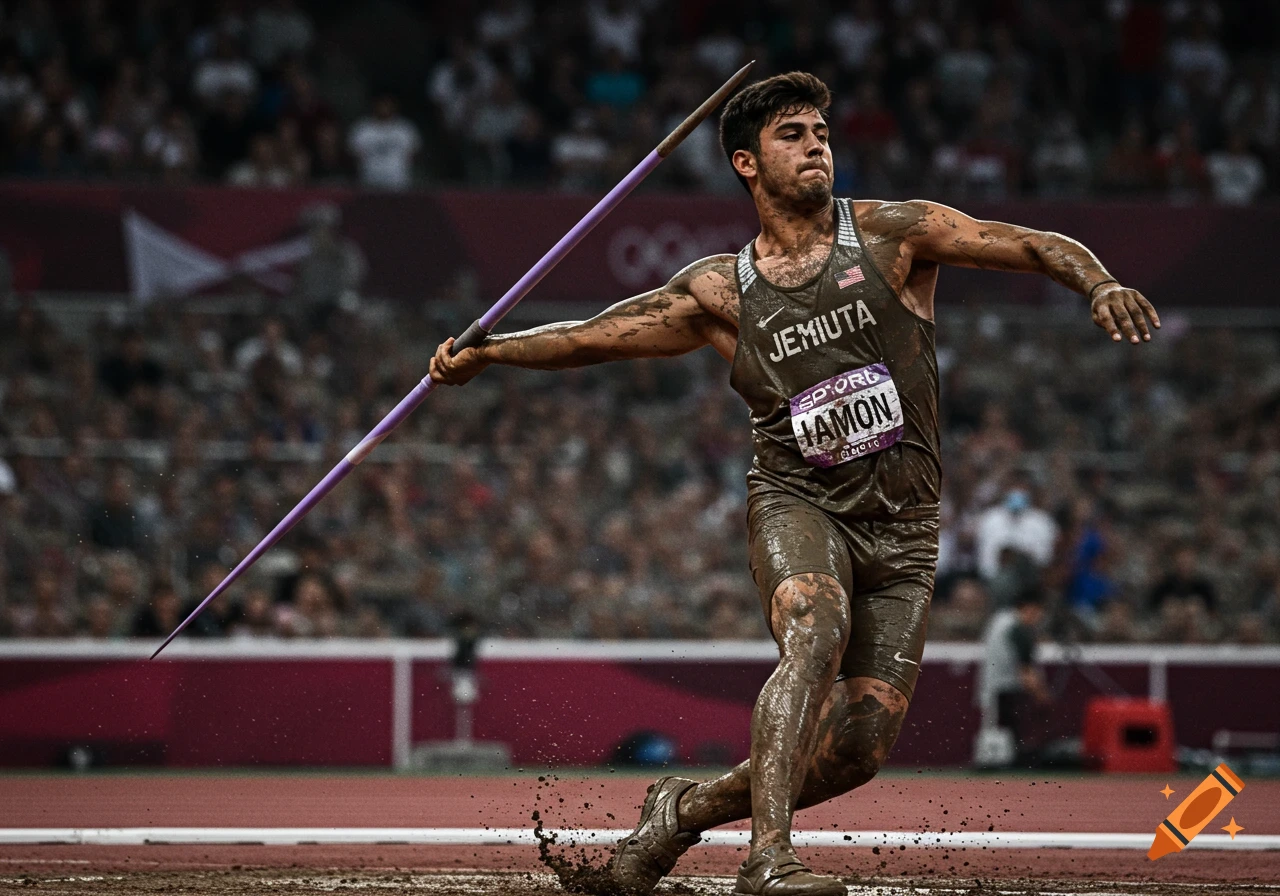 Photorealistic image of a muddy male athlete throwing a javelin at the Olympics.