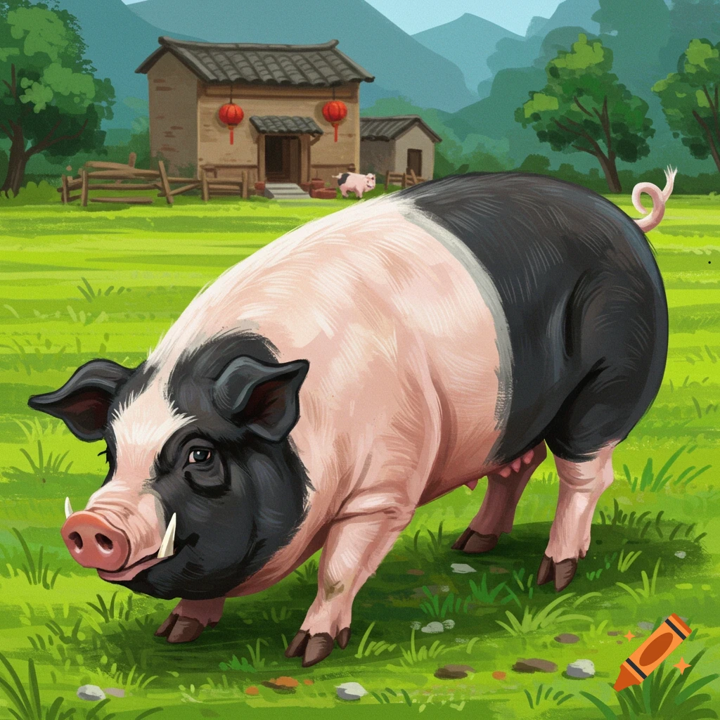 An illustration of a large black and pink pig standing in a grassy field with farm buildings in the background.