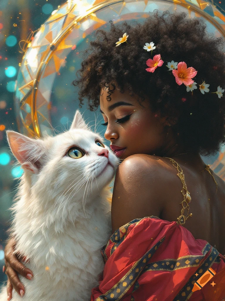 A woman with flowers in her afro hair embraces a fluffy white cat against a bokeh background.