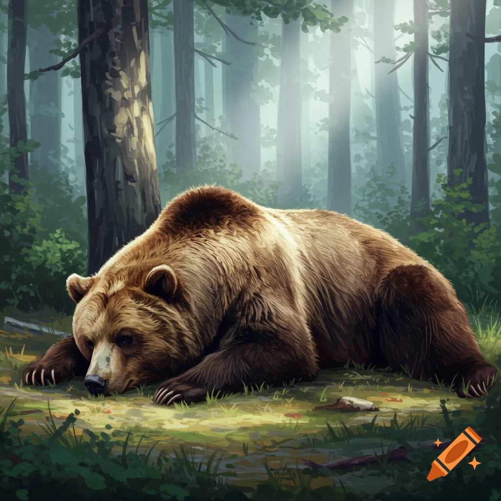 A brown bear lies on the forest floor in a clearing.