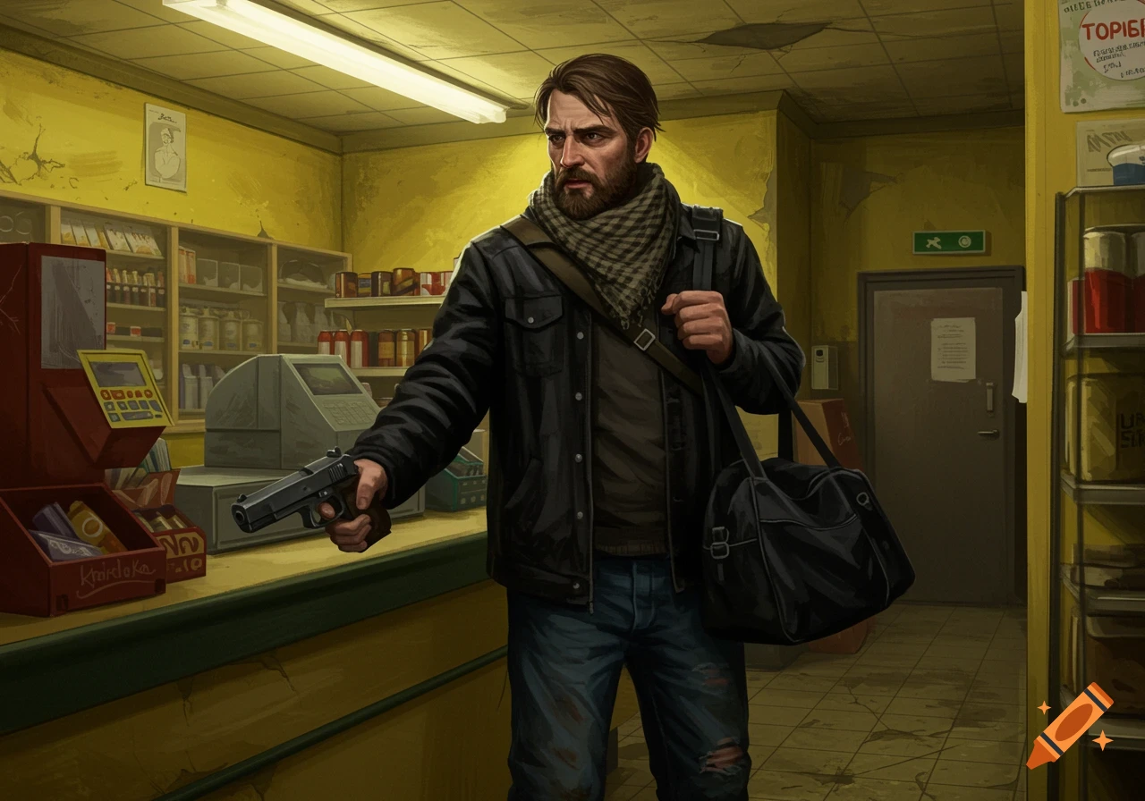 Illustration of a man with a gun and duffel bag inside a store.