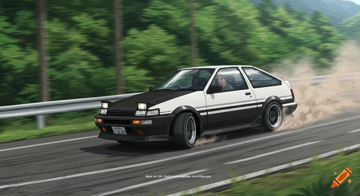 Anime style white and black car drifting on a mountain road.