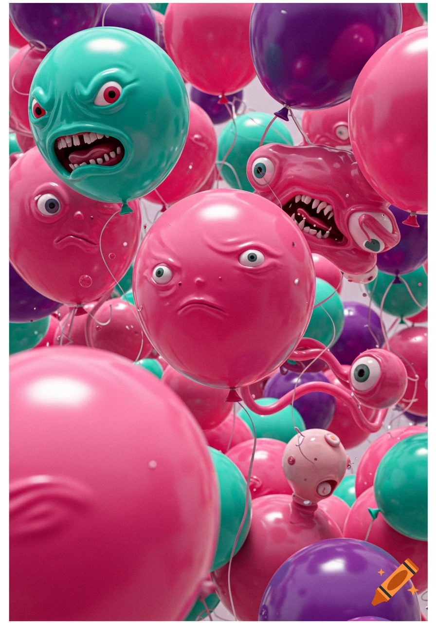 Close-up of pink, green, and purple balloons with grotesque, distorted faces and eyes in a realistic 3D render.
