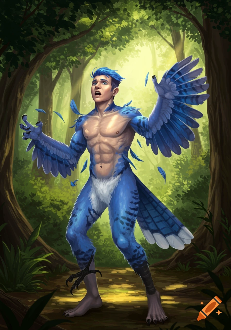 Male figure transforming into a blue jay in a forest setting