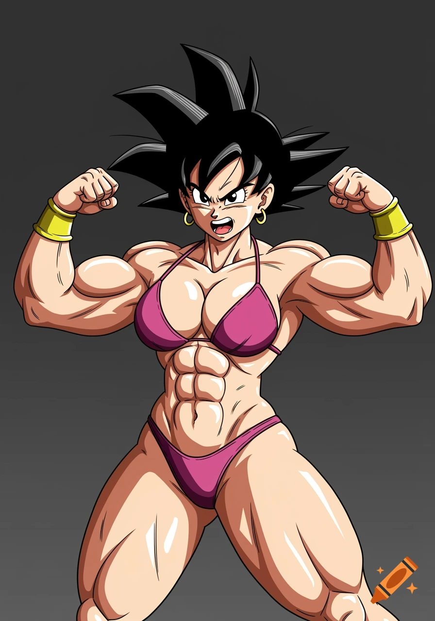 Anime character like female Goku in bikini flexing muscles