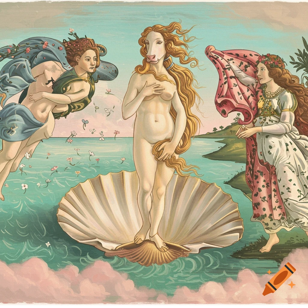 Painting in the style of 'The Birth of Venus' with a cow-headed figure on a shell
