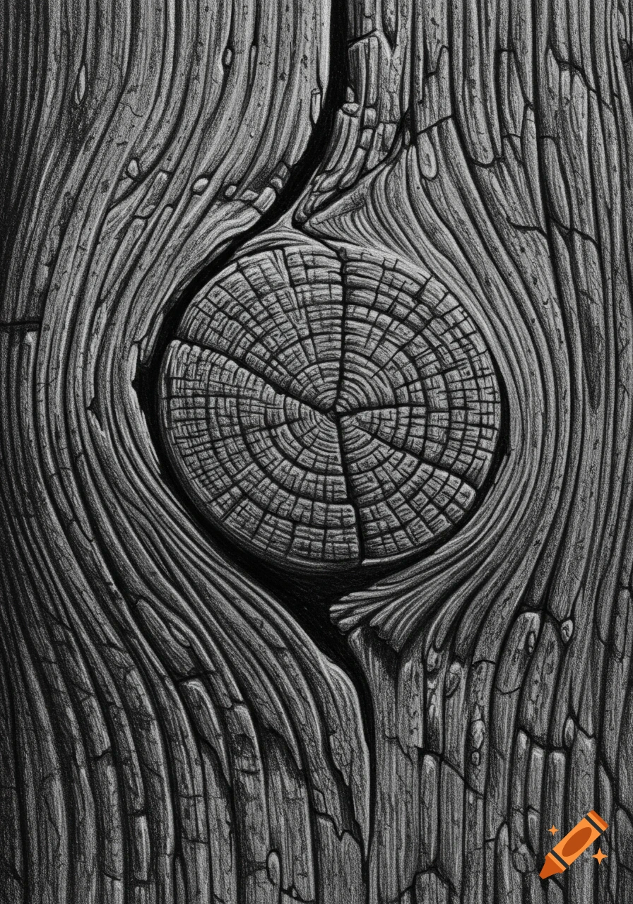 Detailed grayscale drawing of a wooden knot and grain.