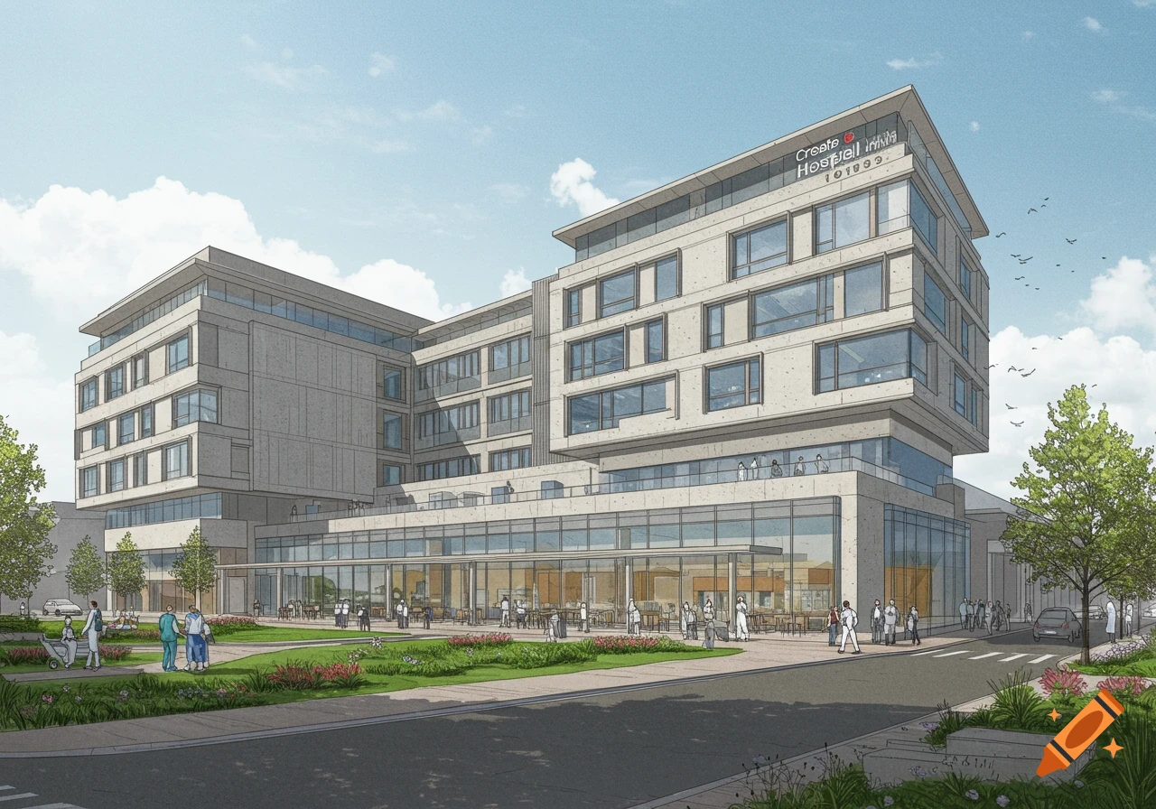 Architectural rendering of a modern hospital building with people and ...