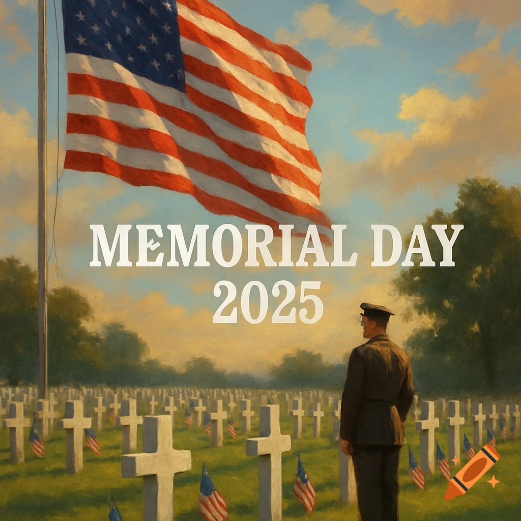 Painterly image of a soldier in a cemetery with crosses and US flags under a large waving US flag, with text 'MEMORIAL DAY 2025'.